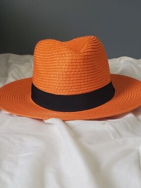 Women's Orange Straw Fedora with Black Band